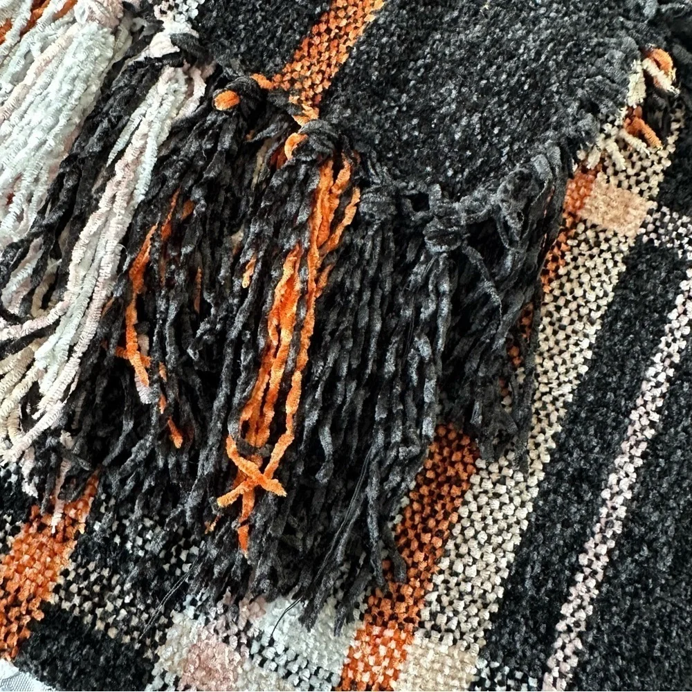Nine West Cozy Black and Orange Oversized Fringed Scarf